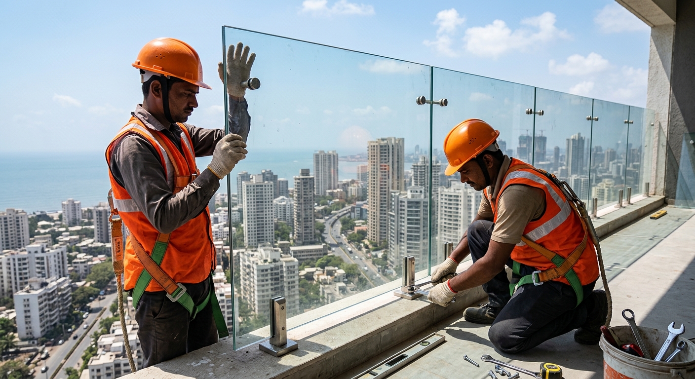 Glass panel installation, Mumbai highrise